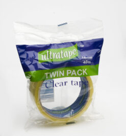 Twin pack of clear tape, each roll 18mm wide and 40m long, shown in sealed packaging.