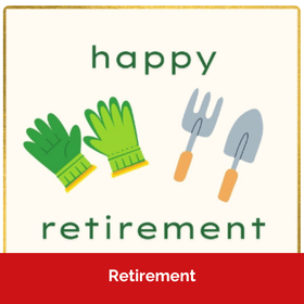 Retirement eCards. Illustration of gardening gloves, a fork and a spade with the text happy retirement.