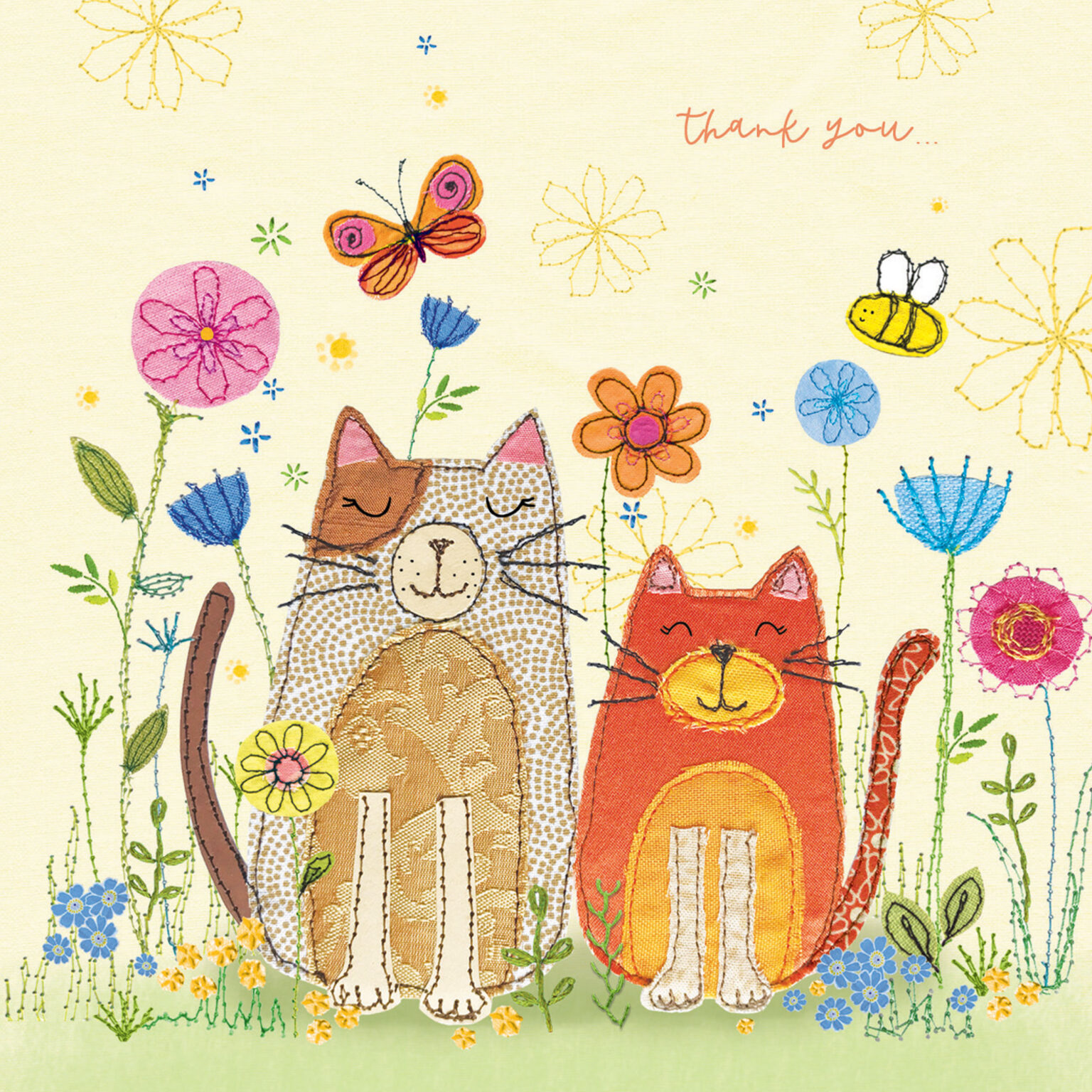 A square card featuring an illustration of two cats sitting amongst flowers, bees and butterflies. The illustration is in a stitched design.
