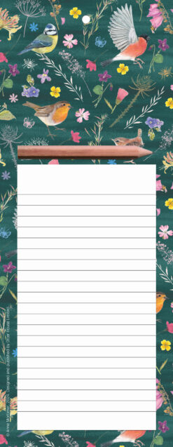 Memo pad featuring a green background with illustrations of birds and flowers with a large white lined space to write notes on.