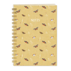 Spiral-bound notebook with beige cover, white “NOTES” text, and illustrations of butterflies and botanical sketches in muted tones.