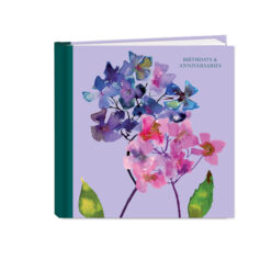 Front cover of this Birthdays and Anniversaries notebook featuring a watercolour floral design with purple and pink blooms, green leaves, and “BIRTHDAYS & ANNIVERSARIES” text in top right corner on soft lilac background.