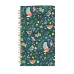 Back cover of this spiral-bound password book featuring a dark green background, bird and flower illustrations