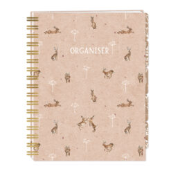 Spiral-bound notebook with white “ORGANISER” text, and illustrations of hares in different poses surrounded by floral accents.