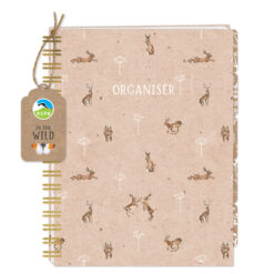 Front of this notebook featuring illustrations of hares in different poses surrounded by floral accents. There is also a little tag with the RSPB logo and the text In The Wild.