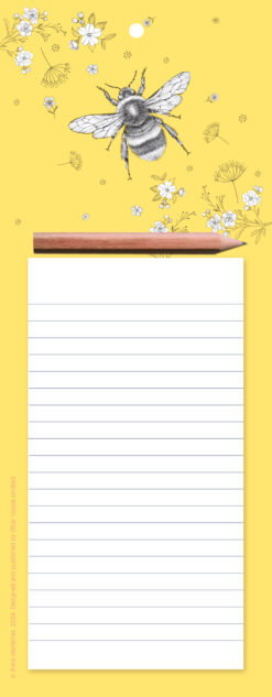 Memo pad featuring a yellow background with a big bee and flowers at the top and a large white lined space to write notes on underneath.