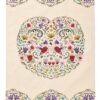 Beige tea towel with scalloped floral border at the top and bottom and a large heart in the centre. Birds and flowers fill the heart shape.