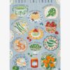 A blue and white striped tea towel with text at the top reading 'Food Calendar'. The towel has illustrations of different seasonal foods, one for each month of the year.
