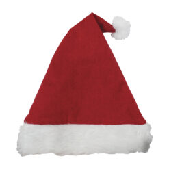 Red felt Santa hat with white faux fur trim and pom pom.