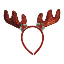 Red glitter reindeer antler headband with holly decorations.