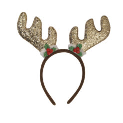Gold glitter reindeer antler headband with holly decorations.