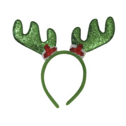 Green glitter reindeer antler headband with red holly decorations.