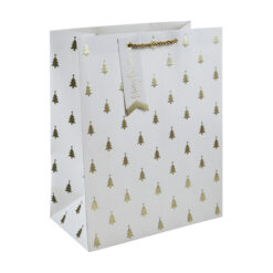 Large white gift bag with gold embossed Christmas trees, rope handle, and “Merry Christmas” tag