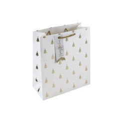 Medium white gift bag with gold embossed Christmas trees, rope handle, and “Merry Christmas” tag.