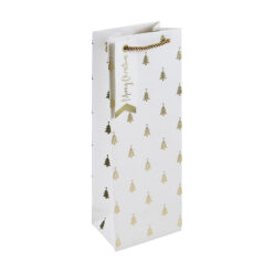 White bottle gift bag with gold embossed Christmas trees, rope handle, and “Merry Christmas” tag.