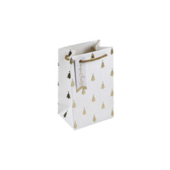 Small white gift bag with gold embossed Christmas trees, rope handle, and “Merry Christmas” tag—ideal for perfume or compact festive gifts.