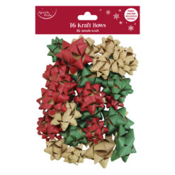 Pack of 16 Kraft gift bows in red, green, and kraft brown