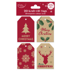 A pack of 20 Christmas gift tags in 4 different festive designs including Christmas trees, holly, stag and snowflakes They are red, green and kraft brown.