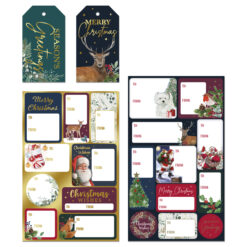 Assorted Christmas gift tags and stickers featuring festive designs including a reindeer, Santa, Christmas tree, and seasonal greetings.