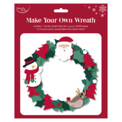 Christmas wreath craft kit with felt shapes including Santa, snowman, reindeer, and trees, arranged on a circular base with pom poms and holly.