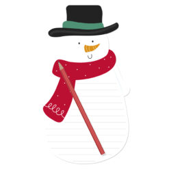 Shaped notepad in the form of a snowman with lined pages, red scarf, and red pencil illustration.