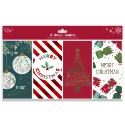 Pack of four Christmas money wallets with festive designs including baubles, holly, a Christmas tree, and open Christmas crackers.