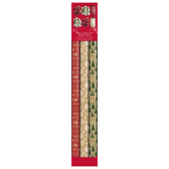 Nine-piece luxury gift wrap set featuring red, brown, and green Christmas paper rolls with snowflakes, trees, and festive text, plus 2 gold, and 2 red bows. and 2 10 metre matching ribbons