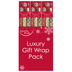 Luxury Christmas gift wrap pack display with festive paper rolls and metallic bows