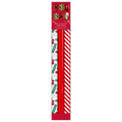 Christmas wrapping paper pack with three festive paper rolls, four bows and 3 rolls of ribbon in red and gold