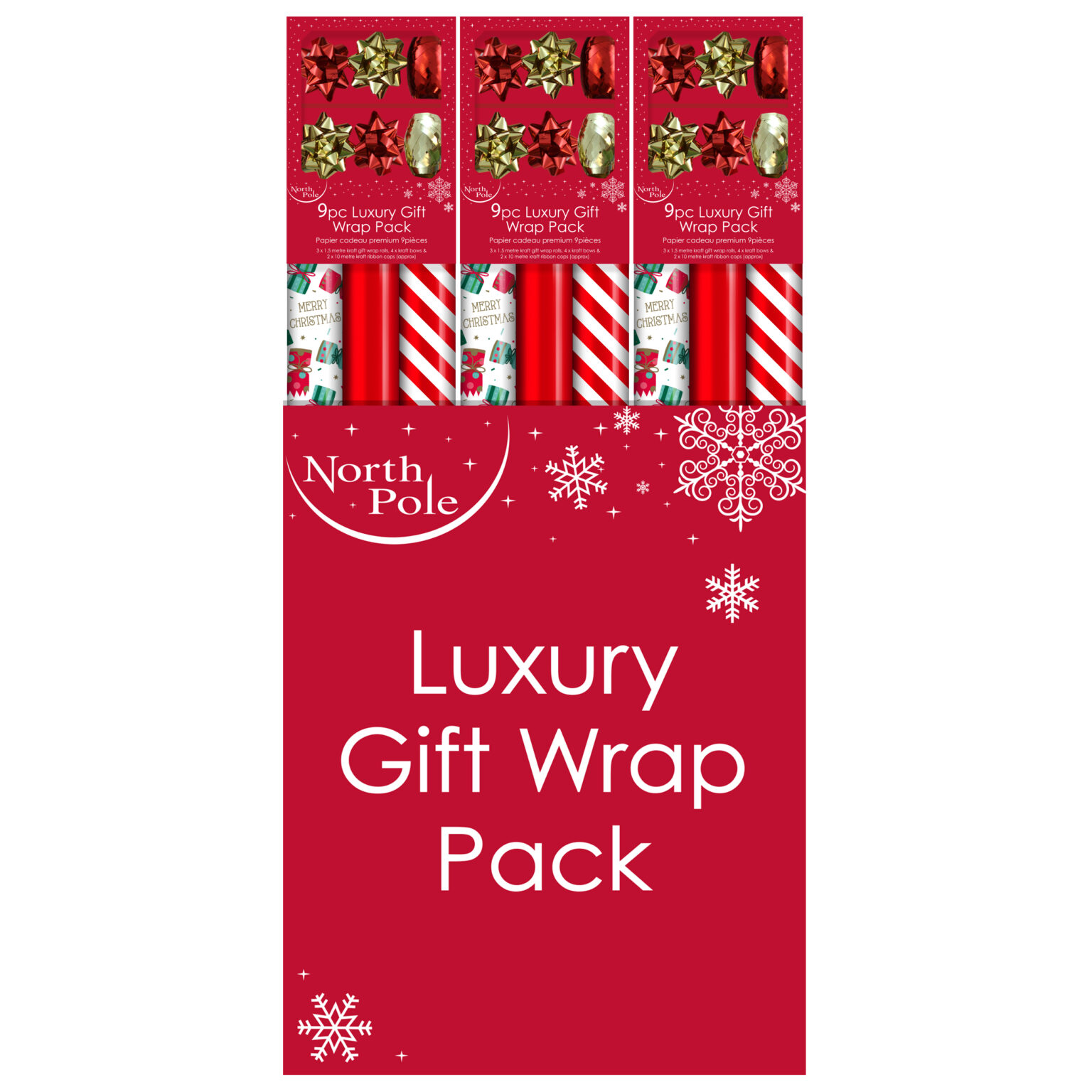 Christmas wrapping paper pack with three festive paper rolls, four bows and 2 rolls of ribbon in red and gold