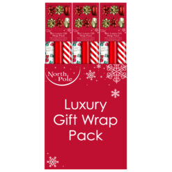 Christmas wrapping paper pack with three festive paper rolls, four bows and 2 rolls of ribbon in red and gold