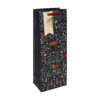 A navy Christmas bottle gift bag with pattern of trees, woodland animals and foliage. A gold tag is attached.