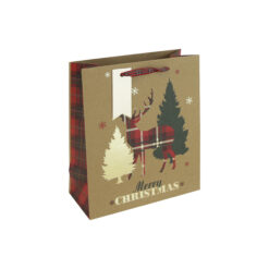 A Christmas gift bag which is kraft brown with a silhouette of a tartan stag next to trees. Text reads Merry Christmas. The bag has red handles and a silver gift tag.