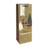 A Christmas bottle gift bag which is kraft brown with a silhouette of a tartan stag next to trees. Text reads Merry Christmas. The bag has red handles and a gold gift tag.