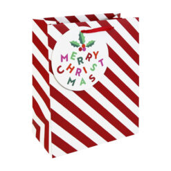 Large Christmas gift bag with red and white candy cane stripes, holly detail, and a ‘Merry Christmas’ tag