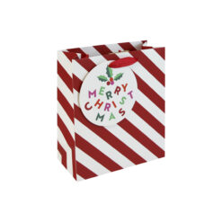 Medium Christmas gift bag with red and white candy cane stripes, holly detail, and a ‘Merry Christmas’ tag