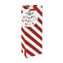 Bottle gift bag with red and white candy cane stripes, holly detail, and ‘Merry Christmas’ tag