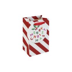 Small gift bag with red and white candy cane stripes, holly detail, and ‘Merry Christmas’ tag
