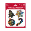 Set of four scratch art Christmas decorations including a tree, snowflake, bauble, and candy cane, shown with rainbow-coloured designs.