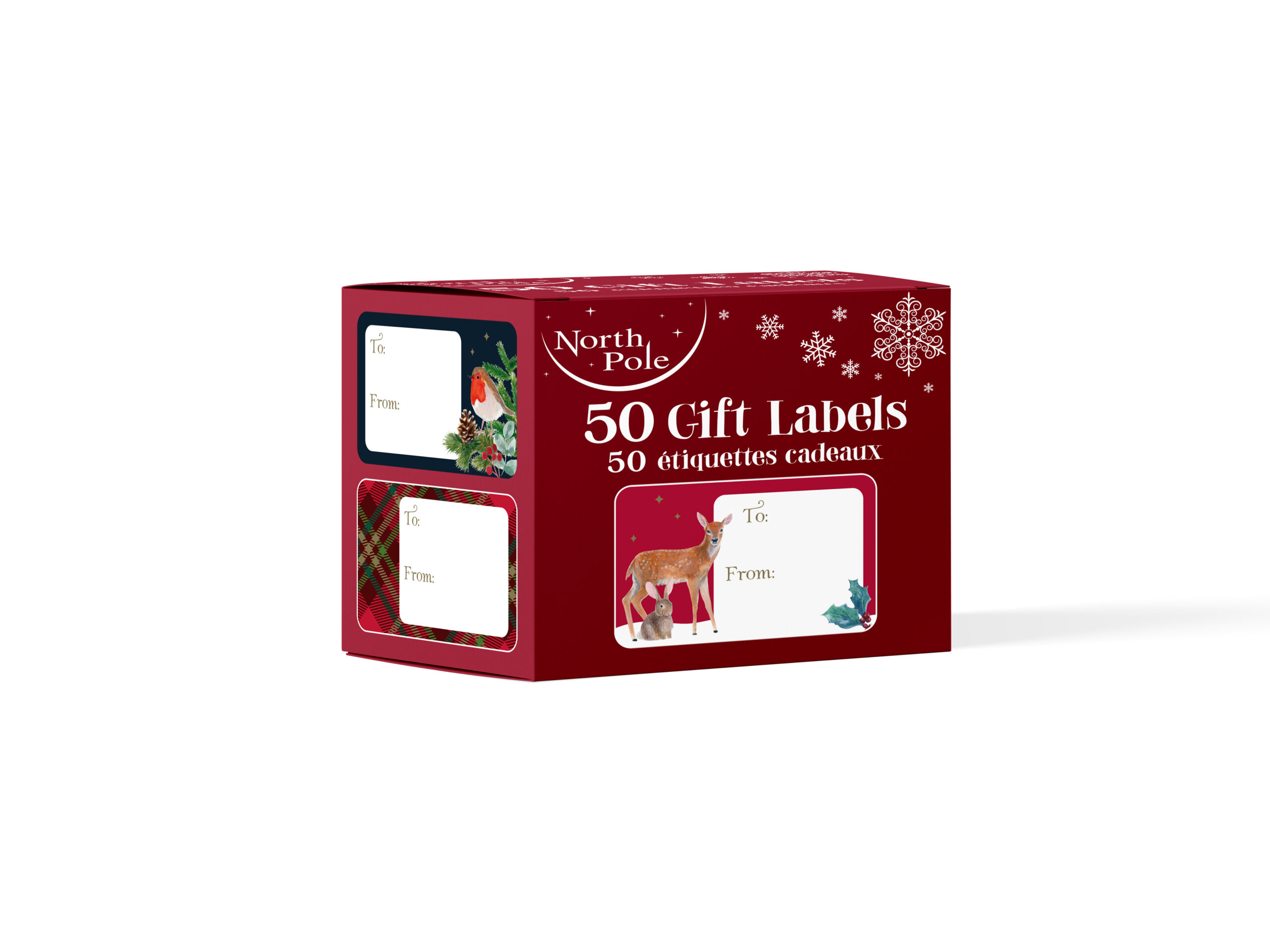 A pack of 50 gift labels with various Christmas designs on them and space to write To & From