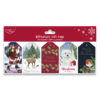 Pack of 40 Luxury gift tags consisting of five different designs. First tag has a Santa carrying presents in a sack with Merry Christmas written, the next has a deer in front of trees standing in snow with Merry Christmas written, next has a red background with green holly leaves and Merry Christmas written, the fourth design has a white terrier dog standing next to two presents in the snow with Christmas Wishes written and lastly has a black background with a little robin perched amongst foliage with Merry Christmas written above