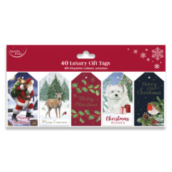 Pack of 40 Luxury gift tags consisting of five different designs. First tag has a Santa carrying presents in a sack with Merry Christmas written, the next has a deer in front of trees standing in snow with Merry Christmas written, next has a red background with green holly leaves and Merry Christmas written, the fourth design has a white terrier dog standing next to two presents in the snow with Christmas Wishes written and lastly has a black background with a little robin perched amongst foliage with Merry Christmas written above