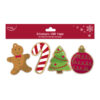 Set of eight Christmas gift tags shaped like a gingerbread person, candy cane, Christmas tree, and bauble with festive colours.