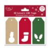 A pack of 12 Luxury Christmas Gift Tags with three designs, one Gold tag with a Snowman cut-out, one red tag with a stocking cut-out and last a green tag with holly & berry cut-out.