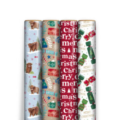 Four Christmas wrapping paper rolls featuring images on each one with Highland cows, one with gift boxes, one with “Merry Christmas” text and lastly with Christmas crackers printed on the roll.