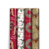 Four festive Christmas wrapping paper rolls featuring Santa, holly, wreaths, and sleigh designs.