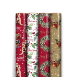Four festive Christmas wrapping paper rolls featuring Santa, holly, wreaths, and sleigh designs.