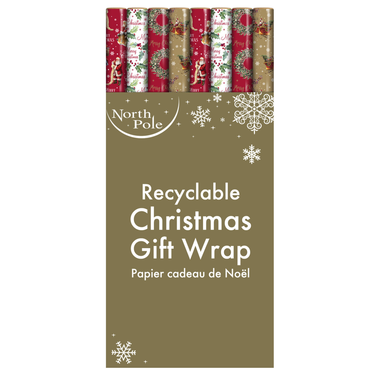 Festive red and gold Christmas wrapping paper featuring classic Christmas motifs