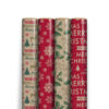 Pack of 4 Christmas Wrapping paper, one with Merry Christmas written with a Christmas tree & a deer, another with red background and various snowflakes, another with green holly and Merry Christmas written and lastly red background with Merry Christmas, HoHoHo & a Christmas tree and star on it.