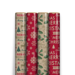 Pack of 4 Christmas Wrapping paper, one with Merry Christmas written with a Christmas tree & a deer, another with red background and various snowflakes, another with green holly and Merry Christmas written and lastly red background with Merry Christmas, HoHoHo & a Christmas tree and star on it.